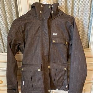 Women’s snowboard/ski jacket, size S, brown with colored stripes, warm lining,